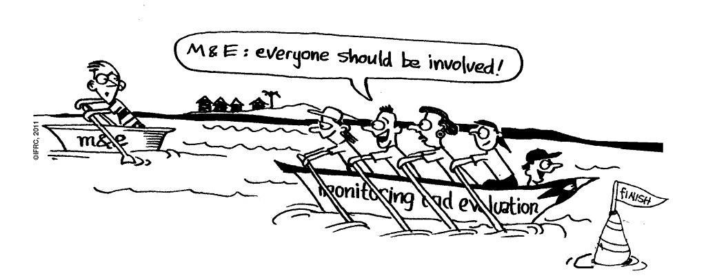 Monitoring and Evaluation (M&E) cartoon ©17 ifrc boat teamwork