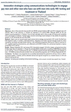 This document reviews the impact achieved by ‘Adam’s Love’, an integrated public–private sector web-based communications strategy launched by the Thai Red Cross AIDS Research Centre in September 2011. Specific objectives of the strategy included scaling-up early HIV testing and treatment, increasing HIV-related awareness and knowledge, and positively influencing attitudes, beliefs, and behaviours about HIV among men who have sex with men (MSM) in Thailand.