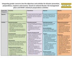 Integrating gender concerns into the objectives and activities for disaster prevention, preparedness, response and recovery, based on national disaster risk management plans and OCHA’s minimum preparedness activities