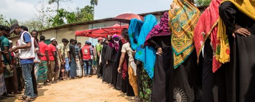 Bangladesh. Coxs Bazar district, 2017. 

Bangladesh Red Crescent Society distributing tarpaulins for thousands of migrants living in Ukhiya, Coxs Bazar district, south eastern Bangladesh on 8 April, 2017.

Since October 2016, almost 75,000 people have fled violence in the northern area of Rakhine State in neighbouring Myanmar and arrived in Bangladesh. Many are living in unplanned and overcrowded settlements in the district of Coxs Bazar where living conditions are extremely poor. On 20 March 2016, the International Federation of Red Cross and Red Crescent Societies (IFRC) launched a 3.2 million Swiss Francs emergency appeal in support of the Bangladesh Red Crescent Societys efforts to address the most urgent humanitarian needs of the newly arrived migrants in Coxs Bazar. The appeal seeks to ensure that 25,000 of the new arrivals will receive food aid and other emergency relief items, including shelter materials, together with clean water, sanitation, psychosocial support and health care over a nine month period. Photo: Mirva Helenius / IFRC