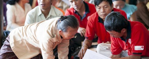 Khammouane Province, Laos, 2015 Planning checks. Members of Village Disaster Protection Units go over the schedule for a Community Based Disaster Risk Reduction simulation. The exercises and drills focus on disaster preparedness and response at village level, ensuring communities are equipped with skills to activate emergency plans and save lives. Through the simulation project Lao Red Cross and partner French Red Cross, with support from the European Union, are improving safety for vulnerable communities.