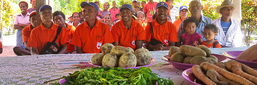 Bitirai, Timor Leste, 2013 CVTL volunteers conduct food demostrations training as part of the Community Based Health and First Aid approach in Bitirai, Red Cross volunteers play an important role in bridging communities and health services, especially in rural areas. They can develop locally appropriate responses to health issues and in some cases provide direct care. Malnutrition is ever-present but underreported in Timor-Leste. More than half of children are chronically malnourished.