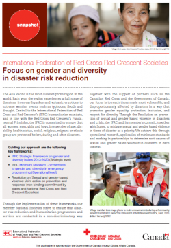 The document highlights the focus on gender and diversity in disaster risk reduction, by aligning with the Sendai Framework and forging networks and partnerships. It also highlights the intersection with disaster law and risk governance and demonstrating the focus in country level examples, such as in Thailand, Myanmar and the Philippines.