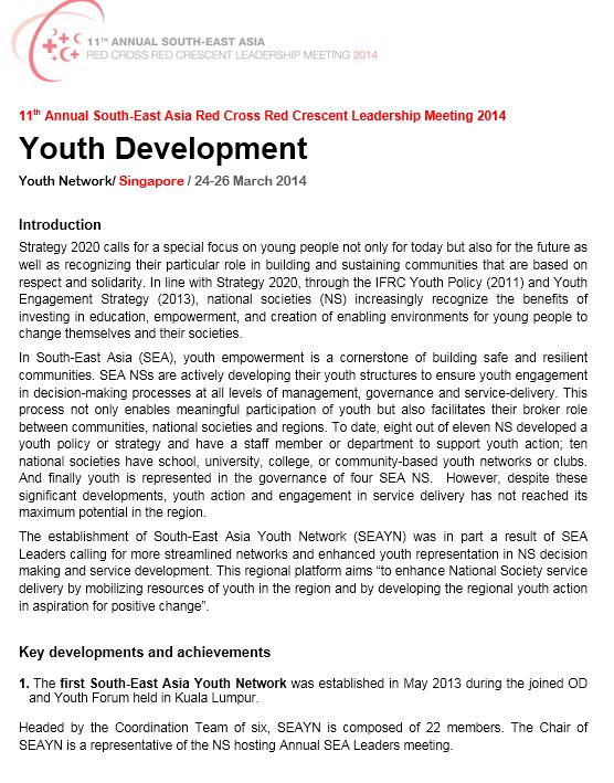 Report in 2014 - Report on Youth Development - Southeast Asia Youth reporting to Leadership meeting 2015 in Cambodia - Youth highlights