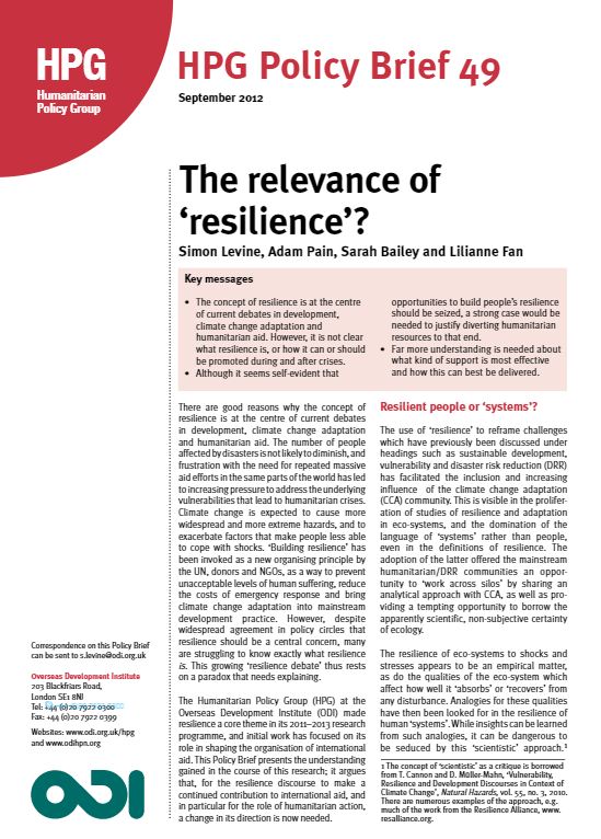 The Relevance of Resilience?", The Humanitarian Policy Group (HPG), HPG Policy Brief 49, September 2012. Written by Simon Levine, Adam Pain, Sarah Bailey and Lilianne Fan - External References