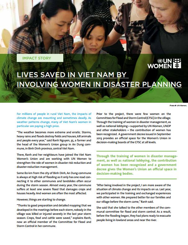 UN Women (2014). Lives Saved in Vietnam by Involving Women in Disaster Planning. Impact Story (pp. 1-2)