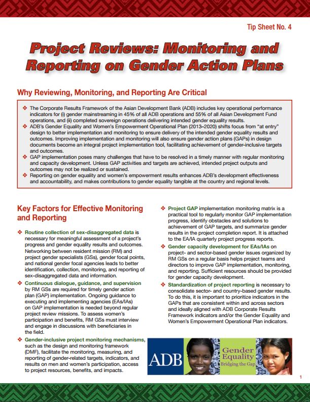 This tip sheet presents key factors for effective reviewing, monitoring, and reporting on gender action plan implementation. It includes case studies from Lao and Nepal.