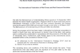 Renewal of the Memorandum of Understanding between the World Health Organization, regional Office for South-East Asia and the International Federation of Red Cross and Red Crescent Societies – WHO