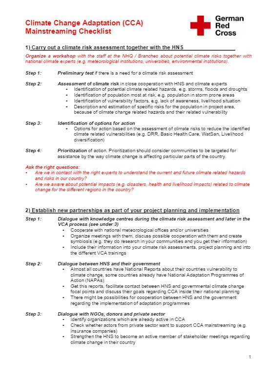 Climate change adaptation mainstreaming checklist - German Red Cross