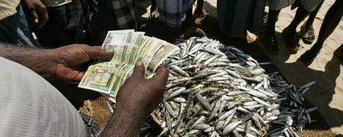 Abu Bakker Rasur, a fish trader pays Abdul Hameed, owner of the net after bidding the highest in the auction as some members of Nintavur 14,15,16, Gramasevaka division Fisheries Cooperative Society, looks on Saturday, Nov.3' 2007, in Nintavur beach, Ampara. A grant by IFRC supports community projects of the Fisheries Society, such as provision of sewing machines and rice pounding machines to low income or vulnerable families.(Photo/ Gemunu Amarasinghe/ IFRC)