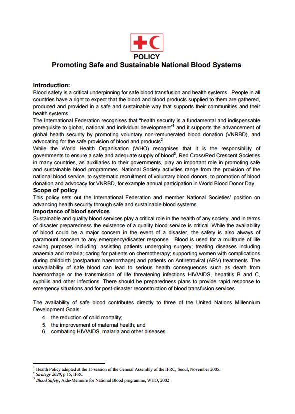 IFRC Blood Policy: Promoting Safe and Sustainable National Blood Systems - Blood Donation Community Based Health and First Aid (CBHFA)