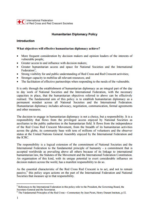 IFRC Humanitarian Diplomacy policy - Humanitarian Diplomacy and Advocacy