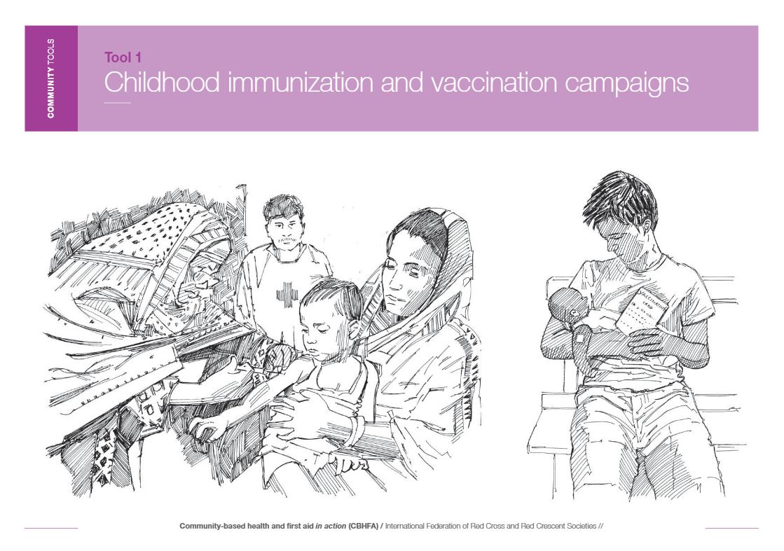 Community tools: Tool 1 - Childhood immunization and vaccination campaigns; Tool 1 - Safe water, hygiene and sanitation; Tool 3 - Handwashing; Tool 1 - Diarrhoea and dehydration; Tool 1 - Acute respiratory infections - Community Based Health and First Aid (CBHFA)
