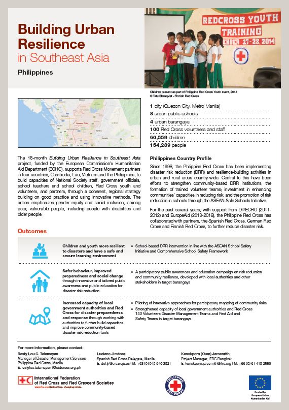 This one-pager offers the an overview of the Building Urban Resilience in Southeast Asia in the Philippines. The project is a joint initiative of the IFRC and ECHO.