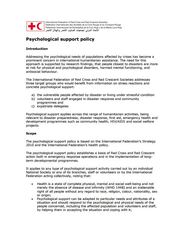 IFRC Psychological Support Policy - Psychosocial Support (PSS)