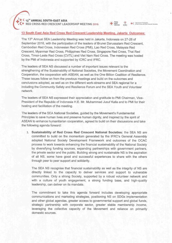 Outcome Document of 13th Southeast Asia Red Cross Red Crescent Leadership meeting Jakarta Outcomes Outcome Document of 13th Southeast Asia Red Cross Red Crescent Leadership meeting Jakarta Outcomes