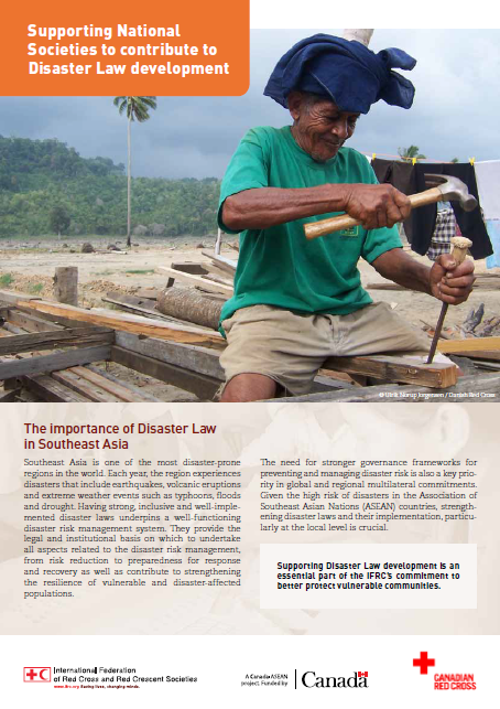 This four-page case study describes IFRC's works on disaster law development in South-East Asia, with the highlight focus in the progress in Indonesia and Lao PDR. It also discusses an inclusion of gender and diversity issue in the country’s disaster law draft and the way forward to implement the work in region.