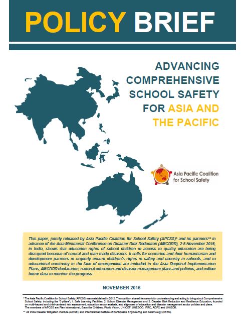 The policy briefing calls for countries and their humanitarian and development partners to urgently ensure children’s rights to safety and security in schools, and to educational continuity in the face of emergencies are included in the Asia Regional Implementation Plans, AMCDRR declaration, national education and disaster management plans and policies, and collect better data to monitor the progress.
