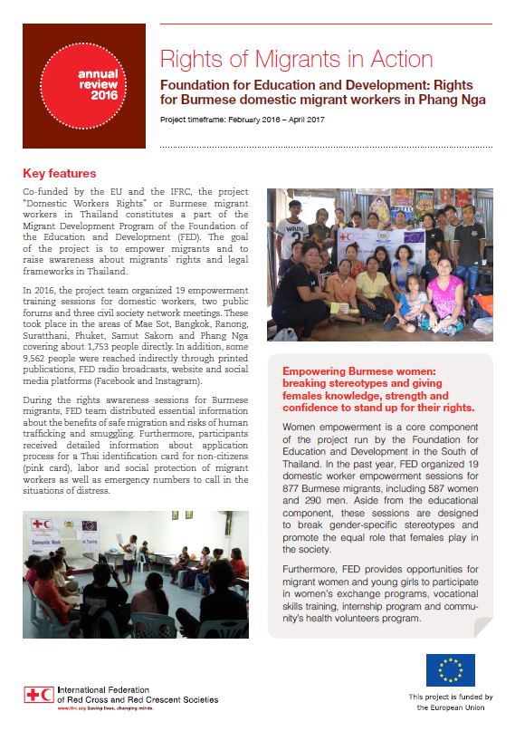 The 4-page document reviews the program implementation of one of the civil society organizations that IFRC partners with within the Rights of Migrants in Action project: Foundation for Education and Development.