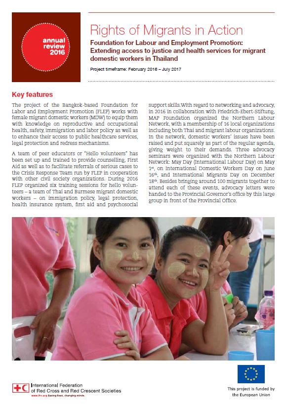 The 4-page document reviews the program implementation of one of the civil society organizations that IFRC partners with within the Rights of Migrants in Action project: Life Skills Development Foundation.