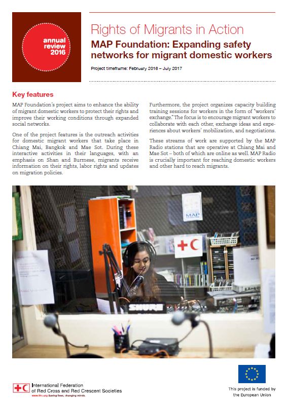 The 4-page document reviews one of the civil society organizations that IFRC partners with within the Rights of Migrants in Action project: MAP Foundation.