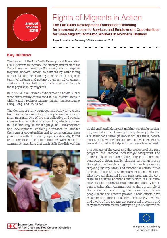 The 4-page document reviews one of the civil society organizations that IFRC partners with within the Rights of Migrants in Action project: Life Skills Development Foundation.
