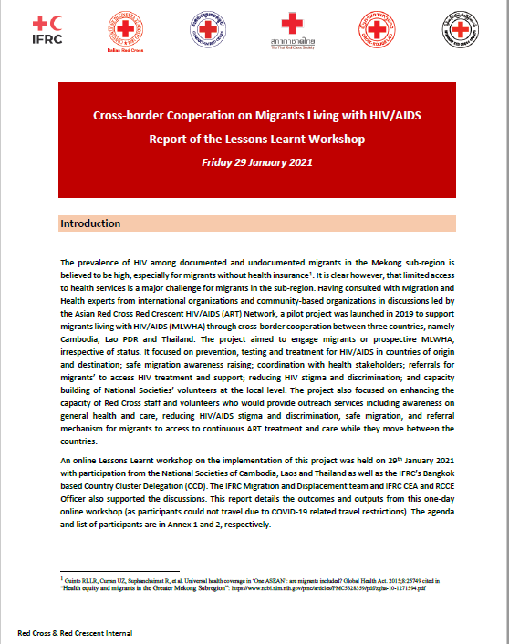 Report on Lessons Learnt: Cross-border Cooperation on Migrants Living with HIV/AIDS project